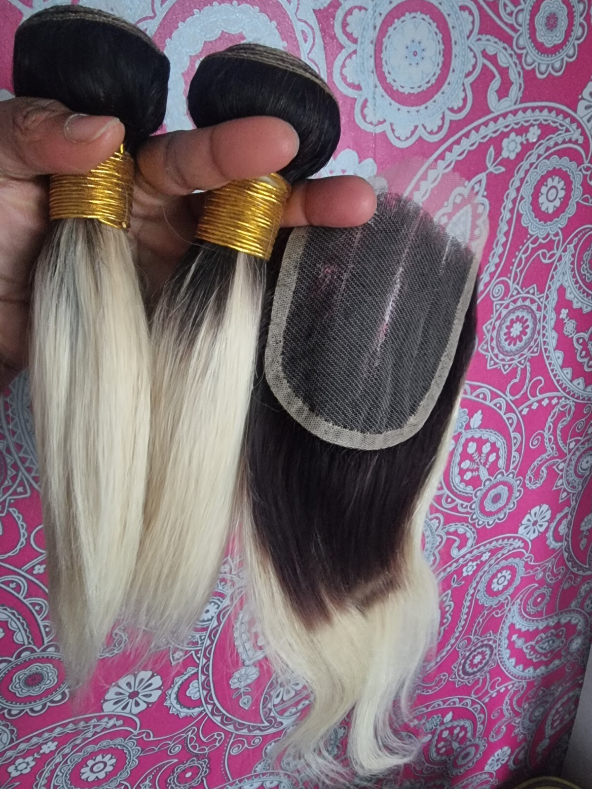 12A BRAZILIAN Virgin HUMAN HAIR STRAIGHT 1B#/613# DARK ROOT 10+10&10INCH CLOSURE