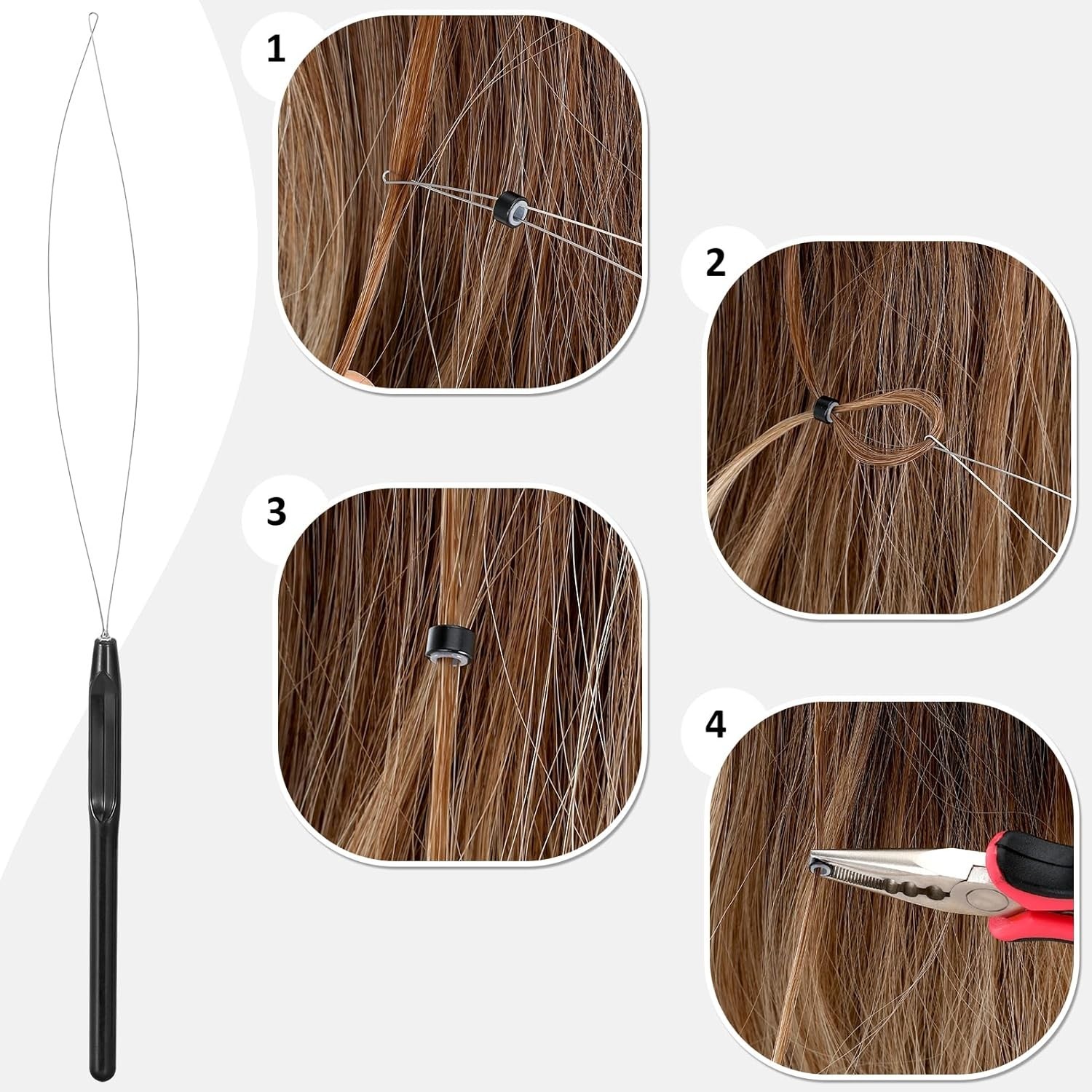 Hair Extension Tools Kit, 600 Silicone Lined Micro Rings, 1 Plier, 2 Hook Nee…