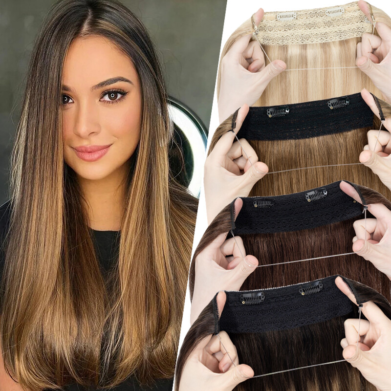 Invisible Wire Clip in Remy Human Hair Extensions One Piece Headband Hidden Ring