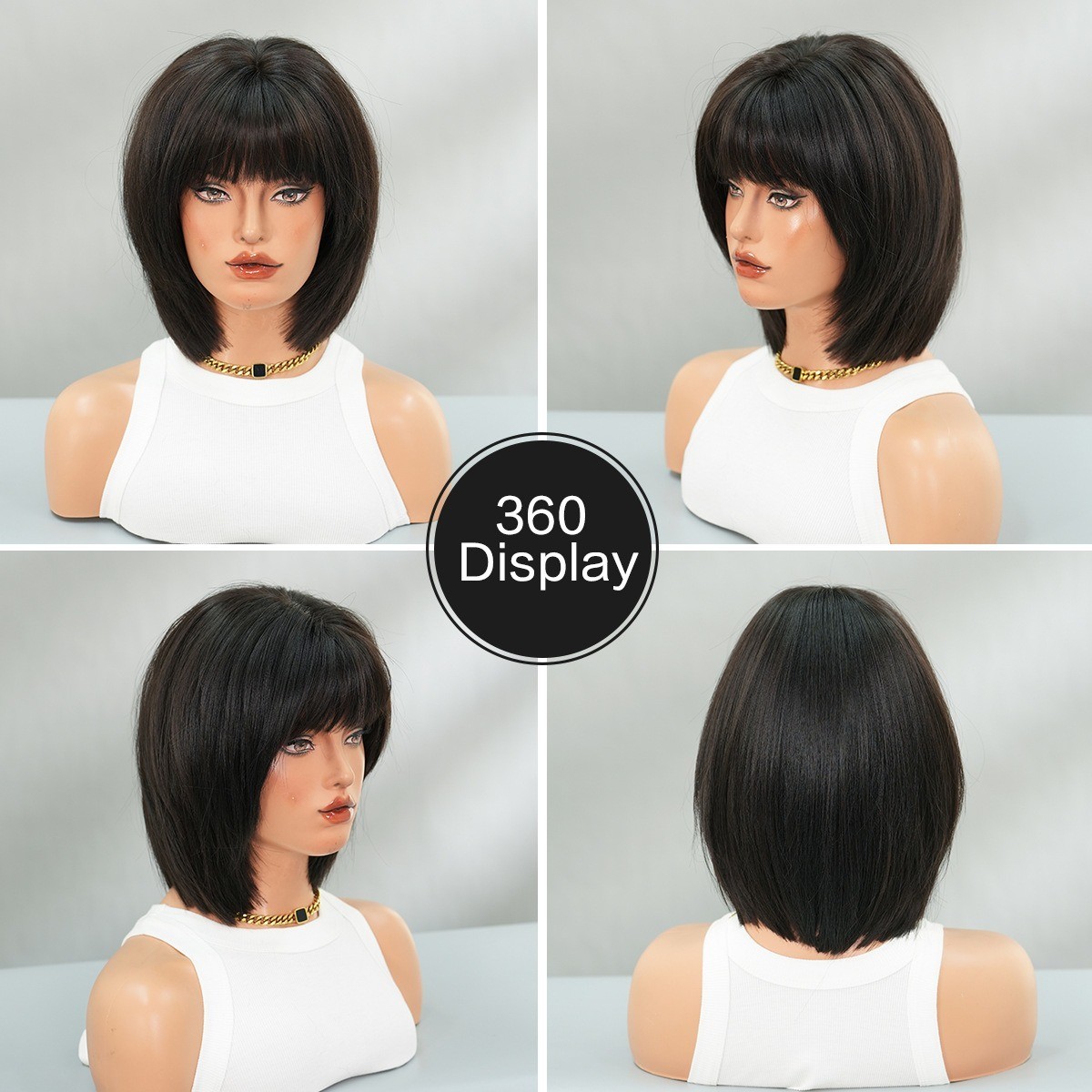 Black short hair wig with full head cover and pompadour hairstyle