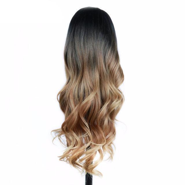 Natural Long Synthetic Wavy Curly Ombre Dark Black Brown Blonde Womens Hair wig