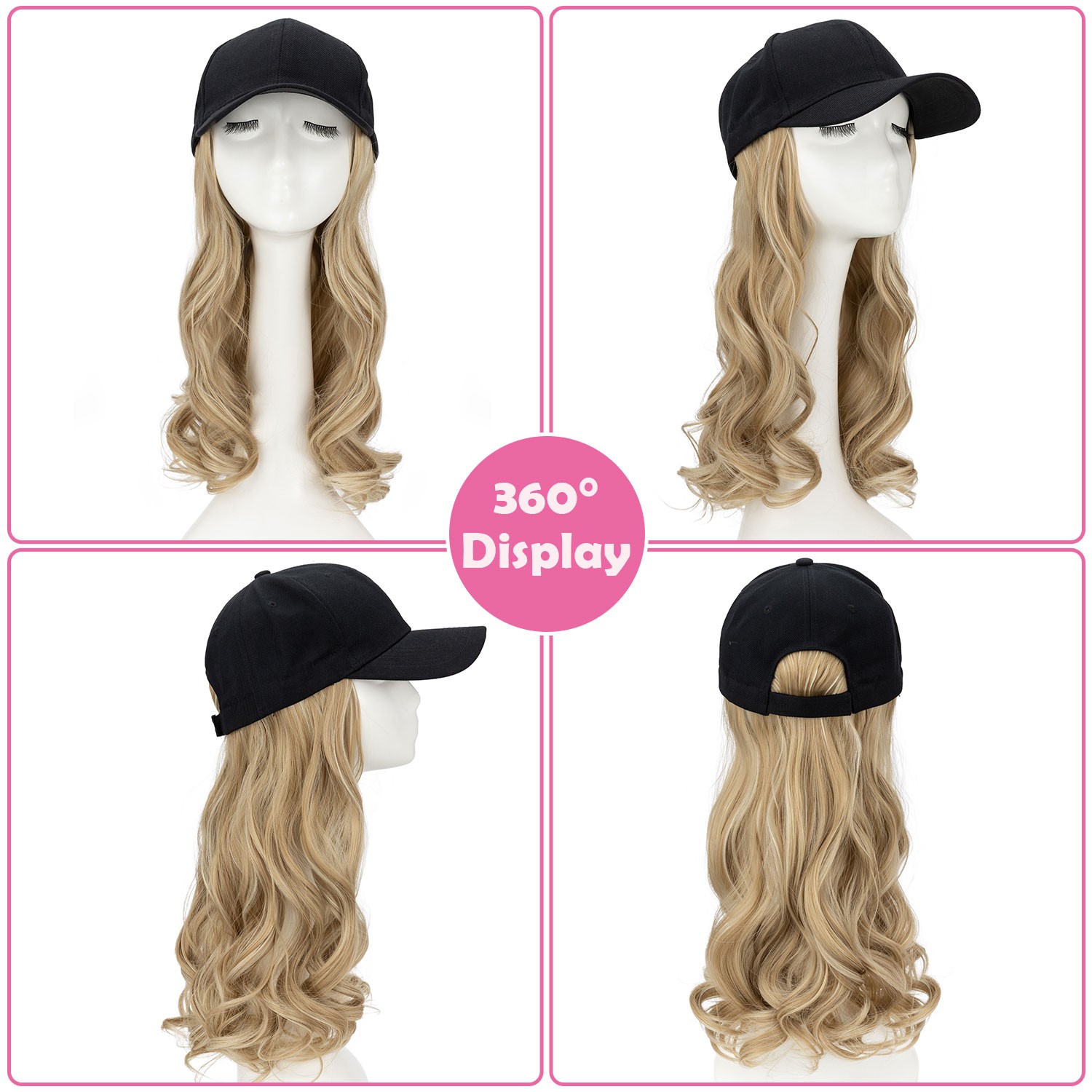 Instant Style 16″ Body Wave Cap Wig Adjustable Baseball Hat with Attached Hair M