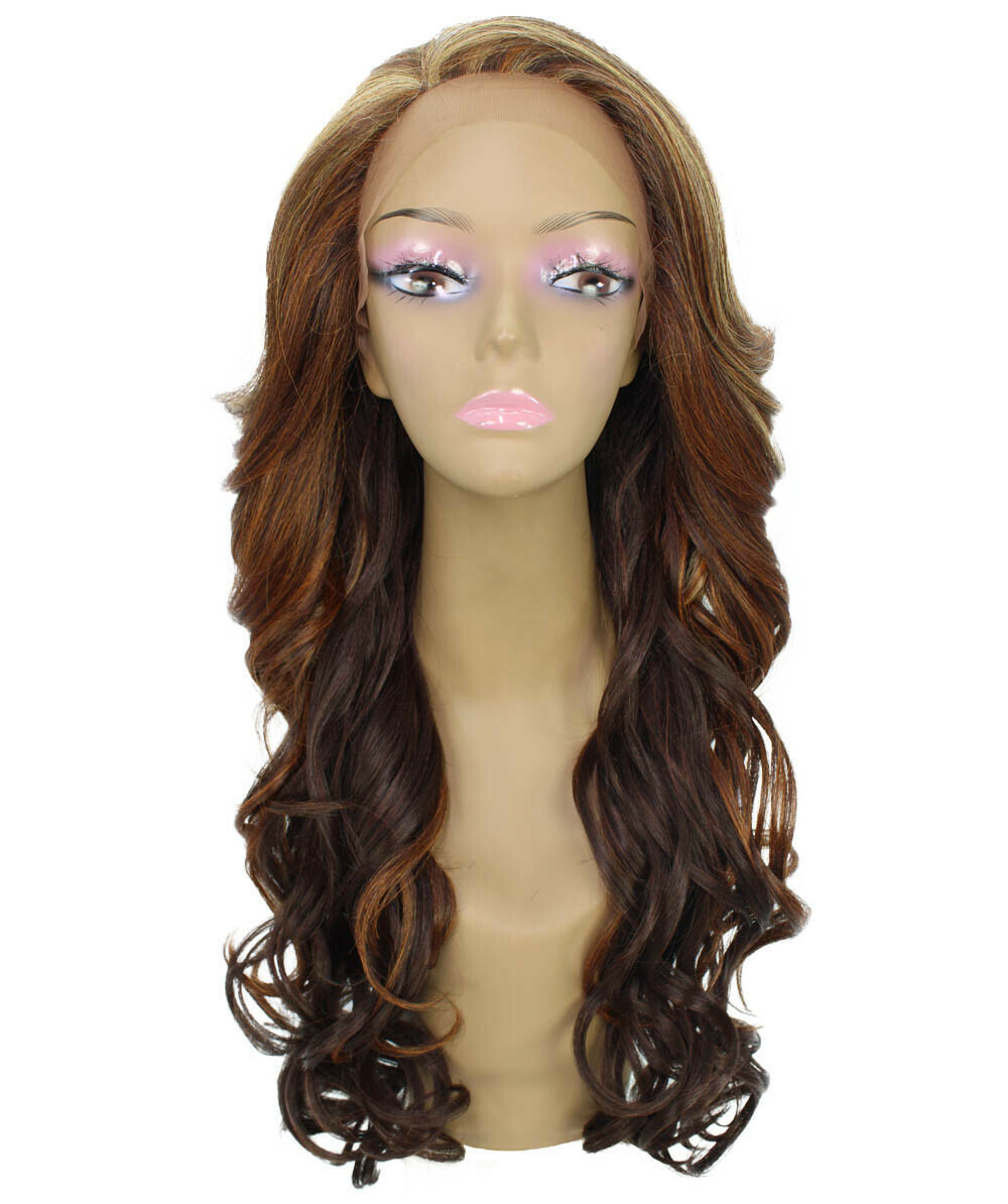 Kendra Wavy 24.5″ Long 13×2.5 Hand-Tied Lace Front Wig, Auburn Brown Blend