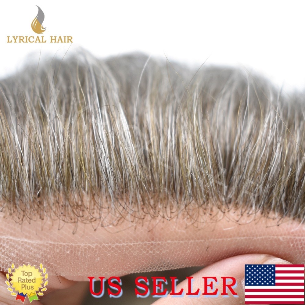Mens Toupee French Lace Front Human Hair Replacement System Black Brown Grey Wig