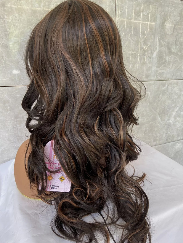 Heat OK Wavy Curly Long hair blend full Wig Brown mix Bangs Layered