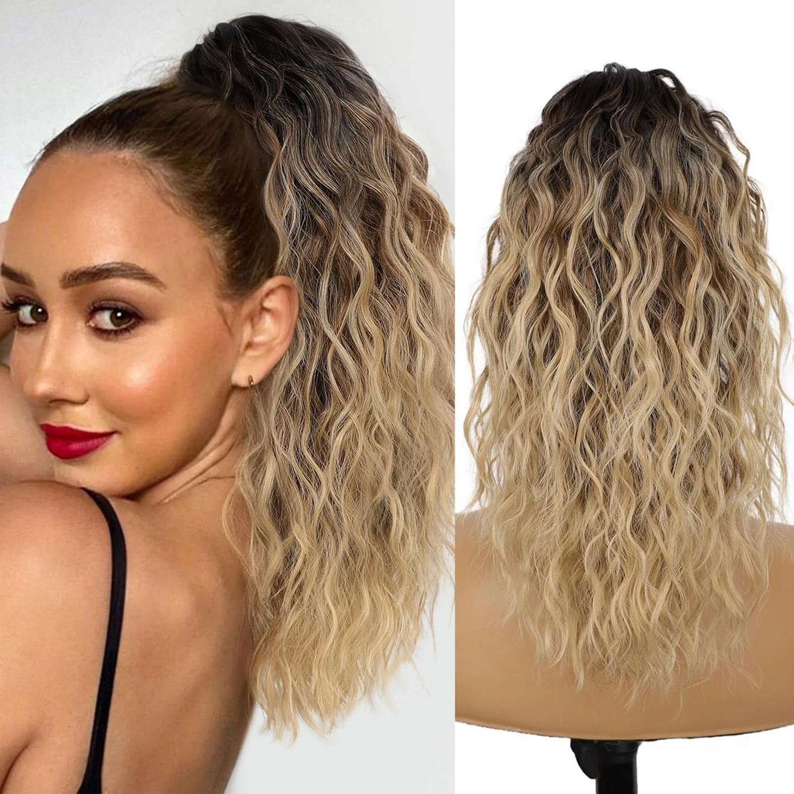 Black Brown Long Wavy Curly Synthetic Claw Clip In Ponytail Fake Hair Extension