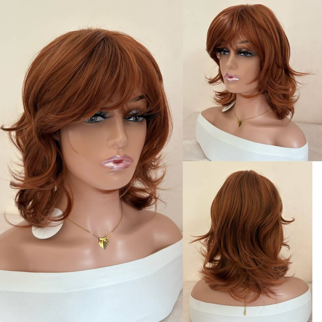 Mid Length Shag Capless Wavy Layered Synthetic Hair Wigs Women Natural Auburn