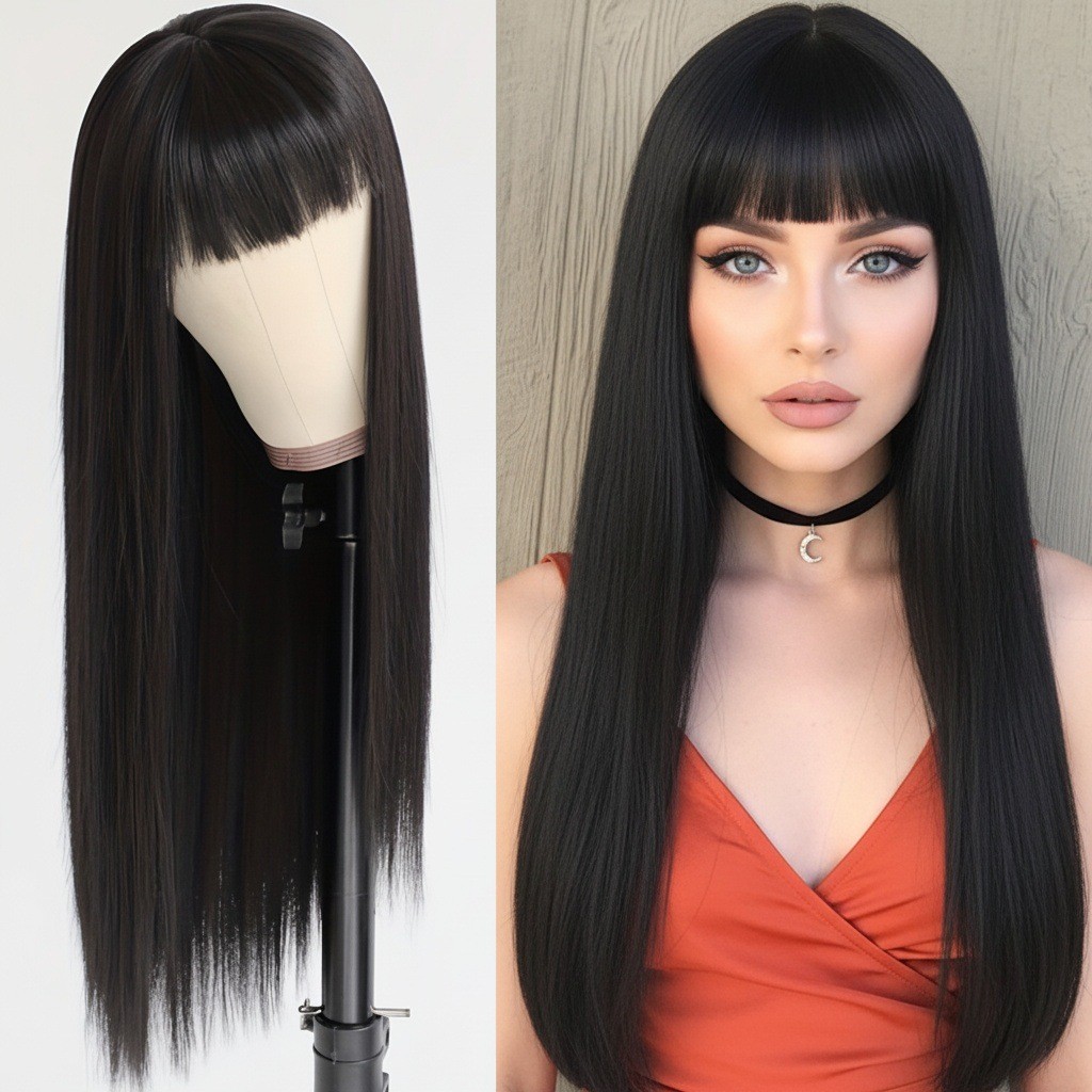 Blonde Long Straight Bangs Synthetic Wig with Rose Net High Temperature Fiber