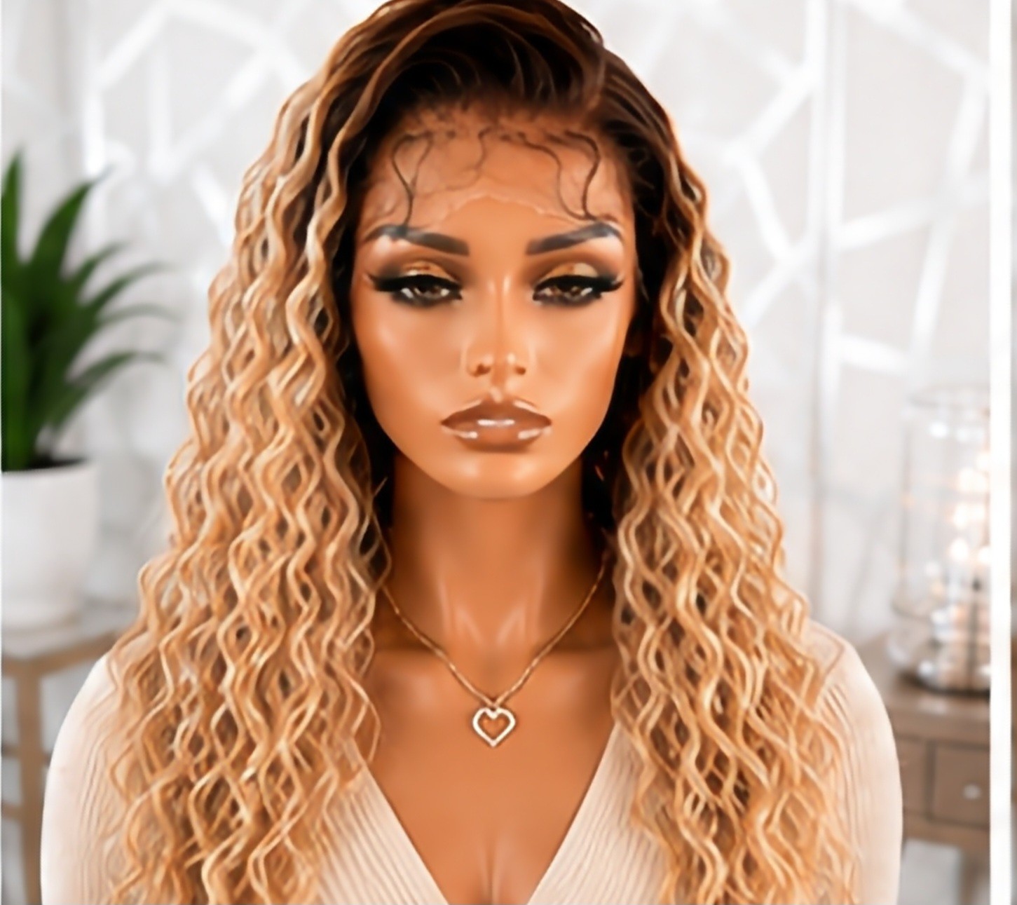 Blonde Ombre Wig Curly Dark Roots Lace Front Glueless Human Blend Long Wavy Wig