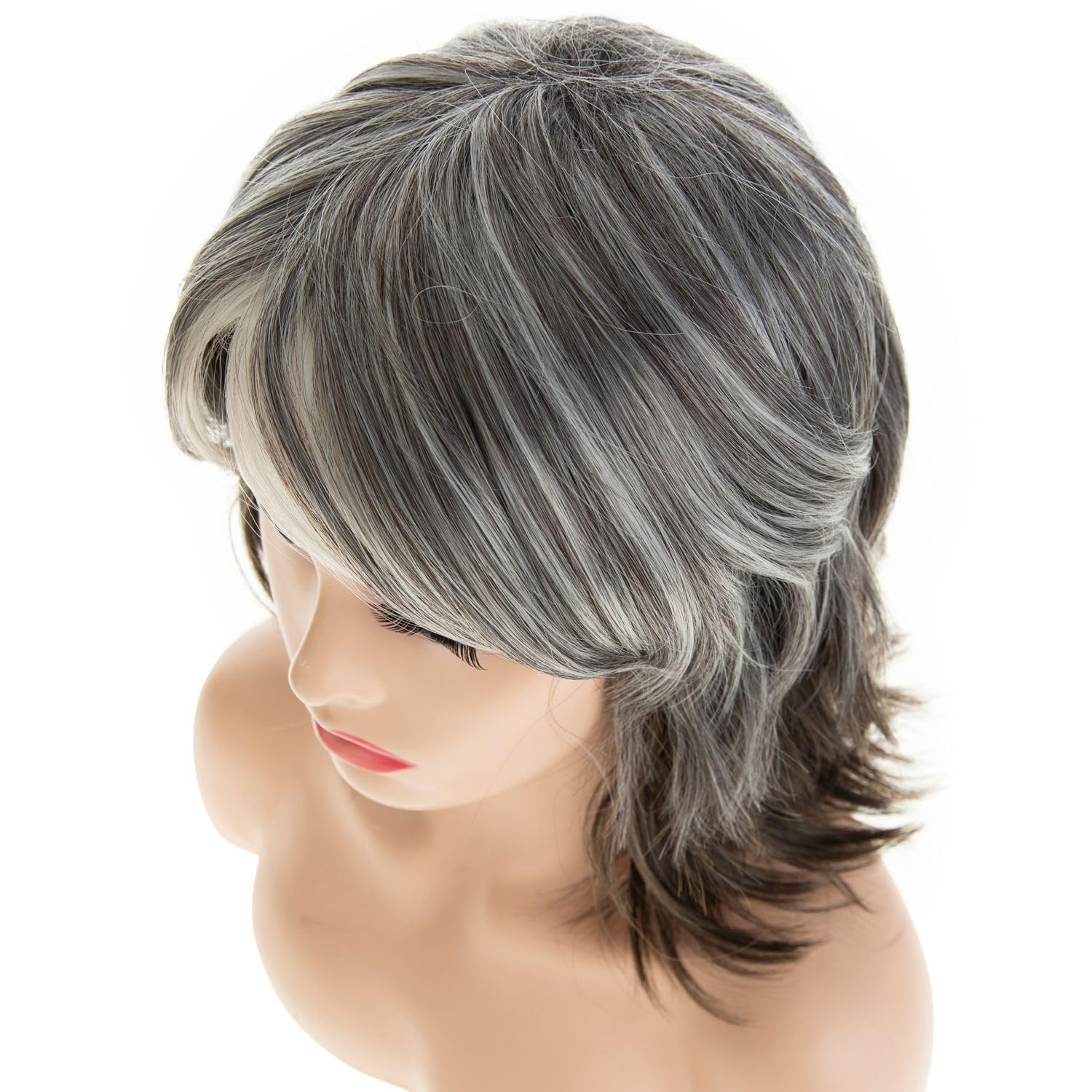 Silver Gray Layered Mid – Length Wig for Women Curly Fluffy Wig with Bangs Sy…