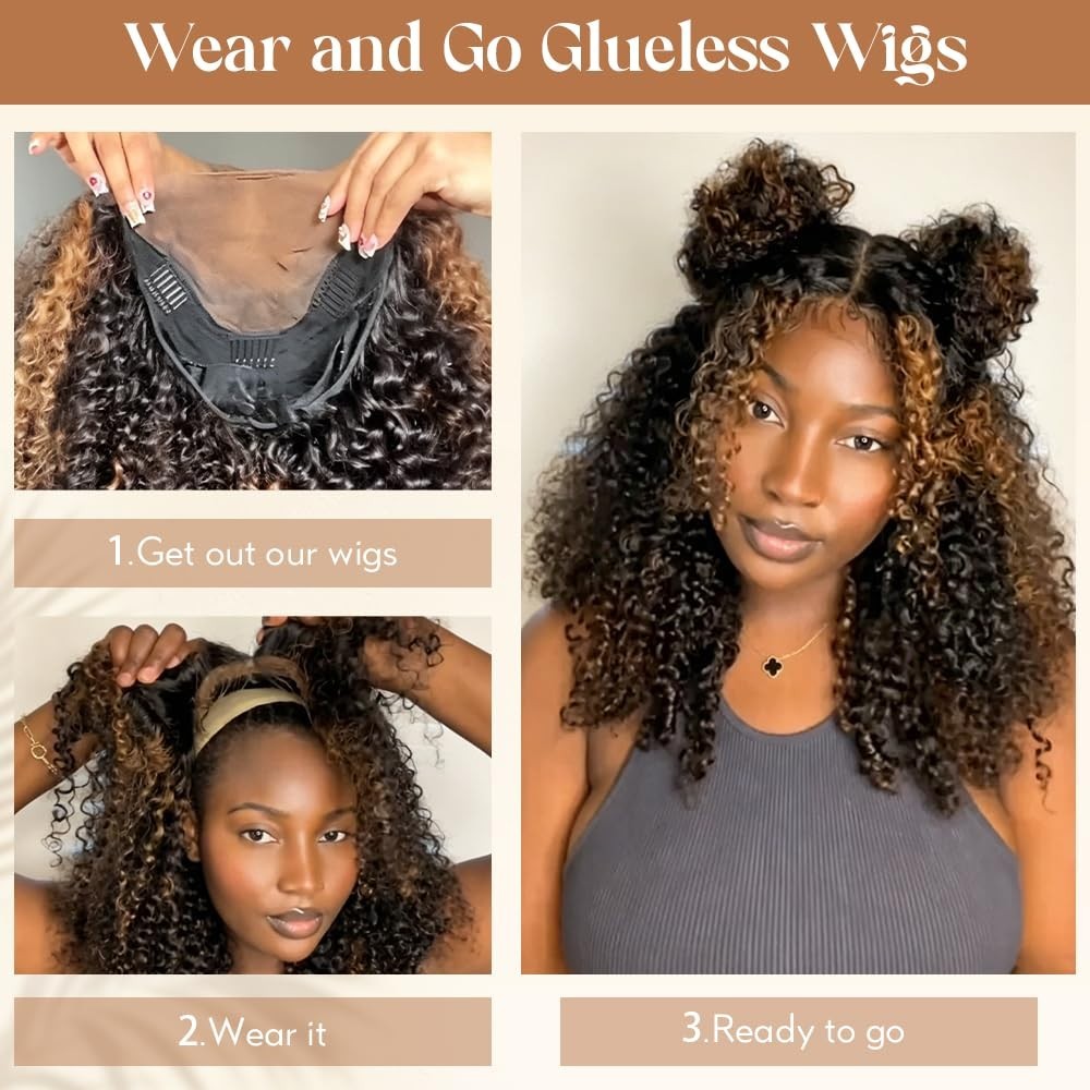 Glueless Kinky Curly Human Hair Wig 20″ HD Lace Front, Pre-Plucked, Drawstring f