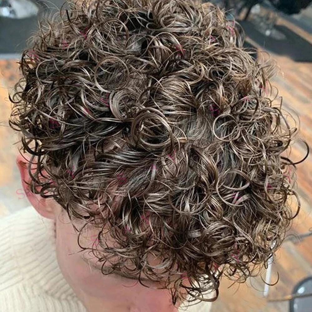 Full Skin Base 20mm Curly Human Hair Men’s Toupee Durable Prosthesis System Hair