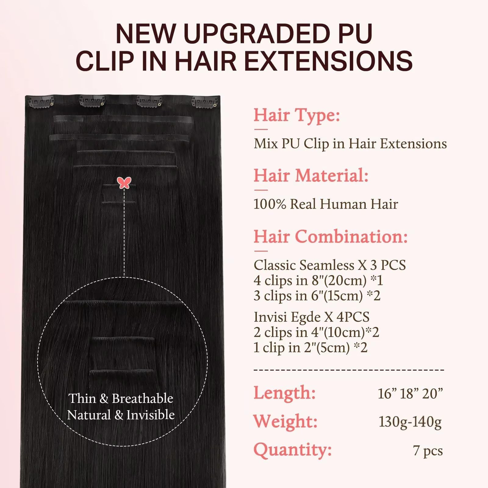 Doores Clip In Hair Extensions Set 18 Inch 130G 4Pcs Invisi Edge Clip Ins And