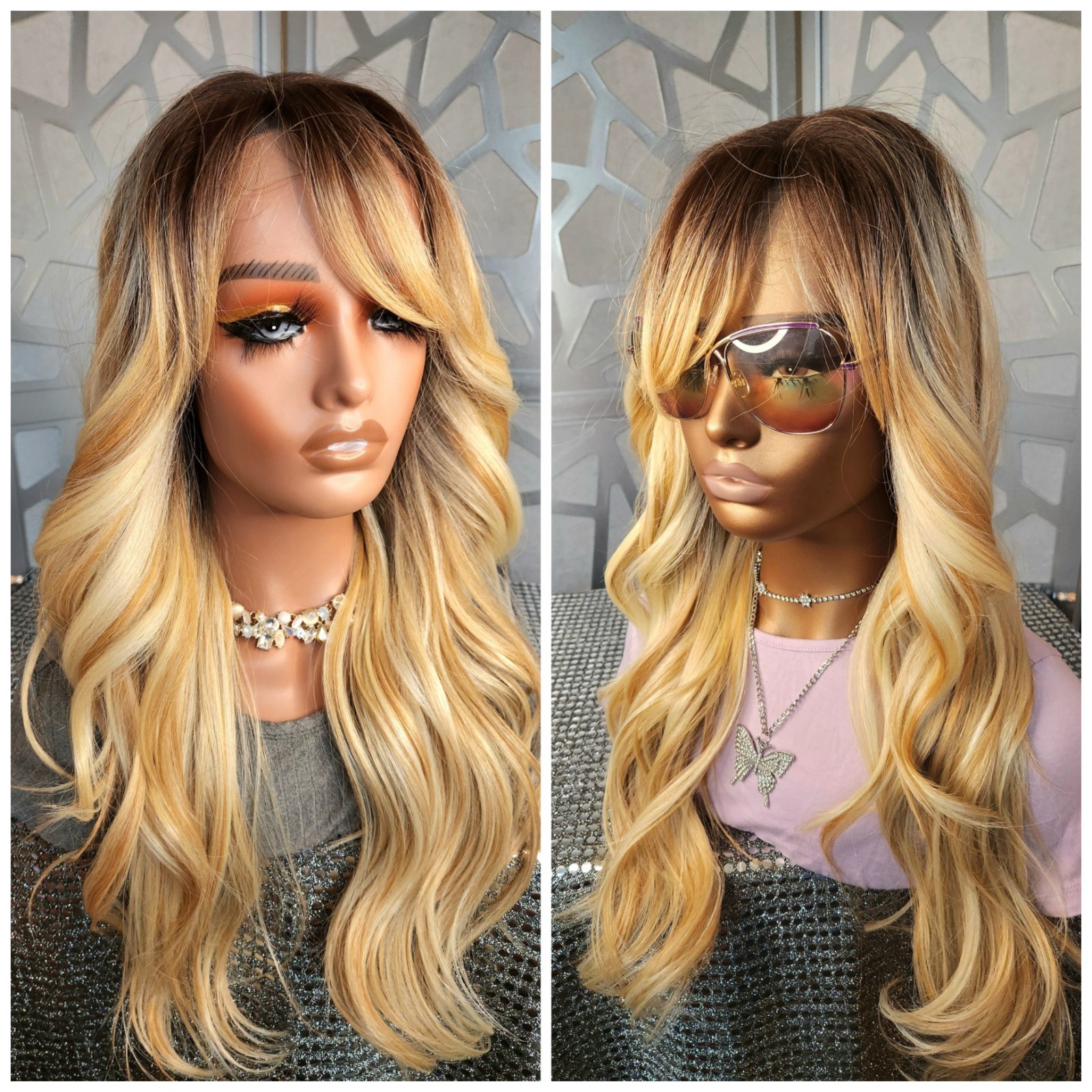 Wig with Bangs Ombre Blonde Wig 13×4 Lace Front Loose Wave Human Blend Glueless