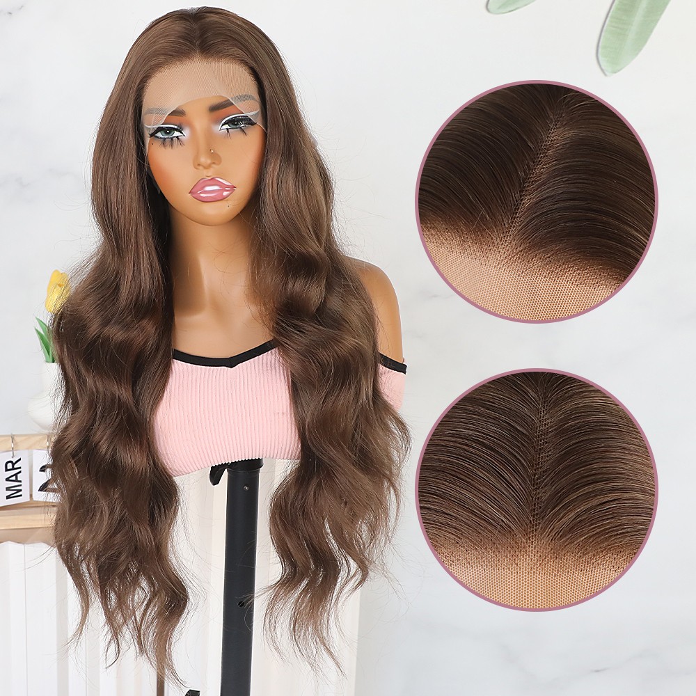 13×4 Heat Resistant Long Natural Wavy Brown Hair Glueless Frontal Lace Wigs Soft
