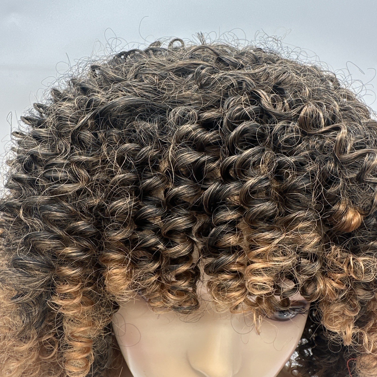Ombre Brown 12 Inch Afro Kinky Curly Synthetic Wig with Bangs Wear and Go {19}