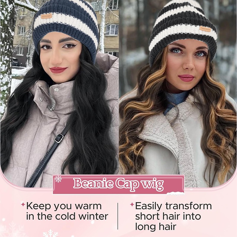 Beanie Hat Wig Winter Knitted Black White Bob Long Wavy Straigt Hair Synthetic