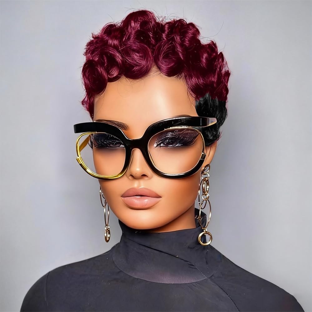 Short Curly Pixie Cut Wig Human Hair Burgundy Black Ombre 1B/99J