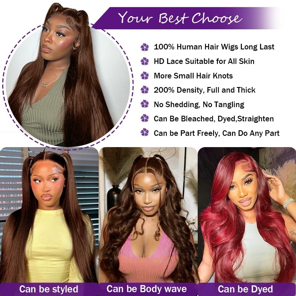 Swothew Brown Human Hair Wig Chocolate Brown Human Hair Wig 200 Density 13X6