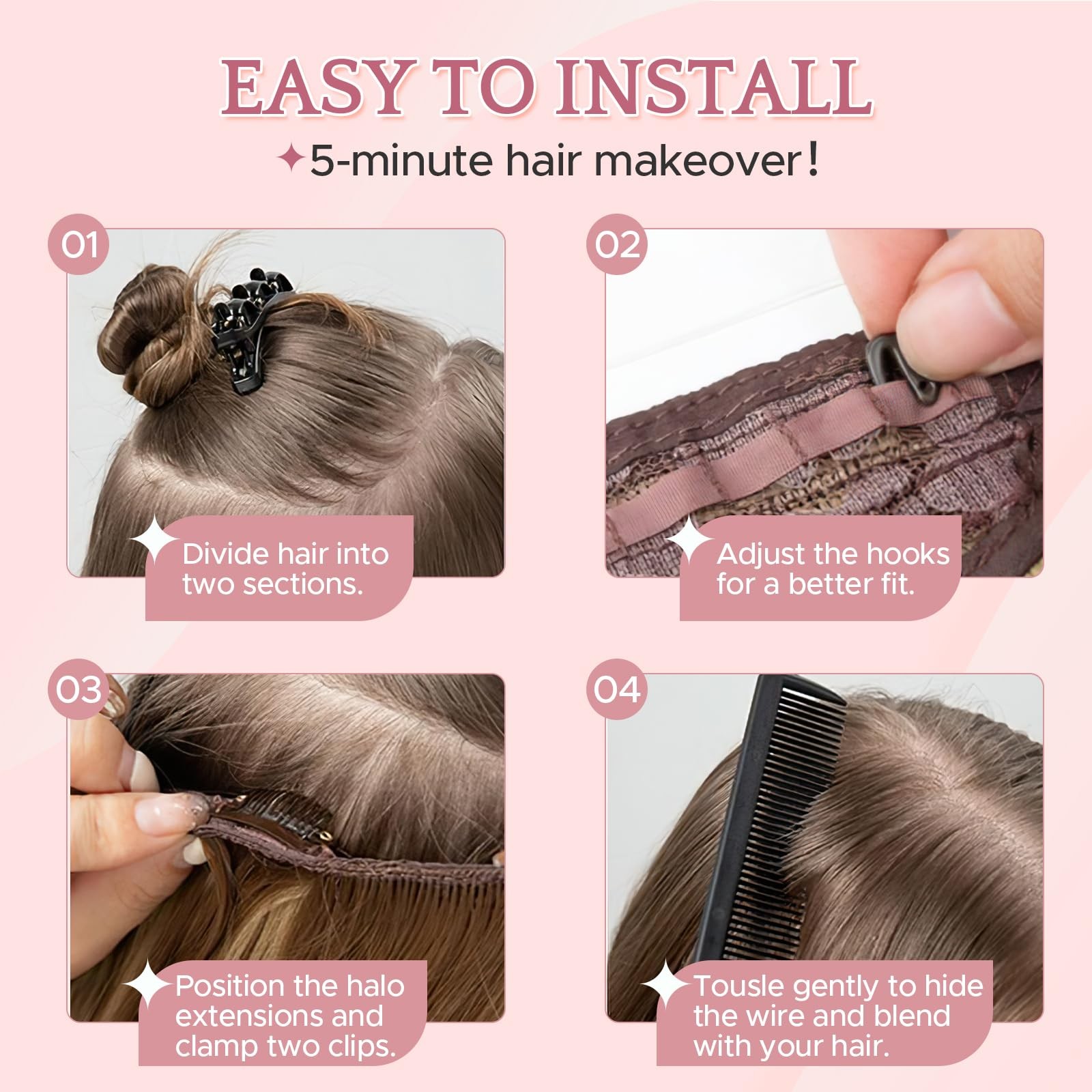 Sego Halo Hair Extensions Adjustable Invisible Wire Extensions Real Human Hair