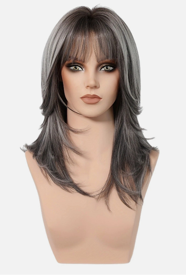 Women Grey Wig with Bangs Gray Micro Roll Medium Long Wig Wig