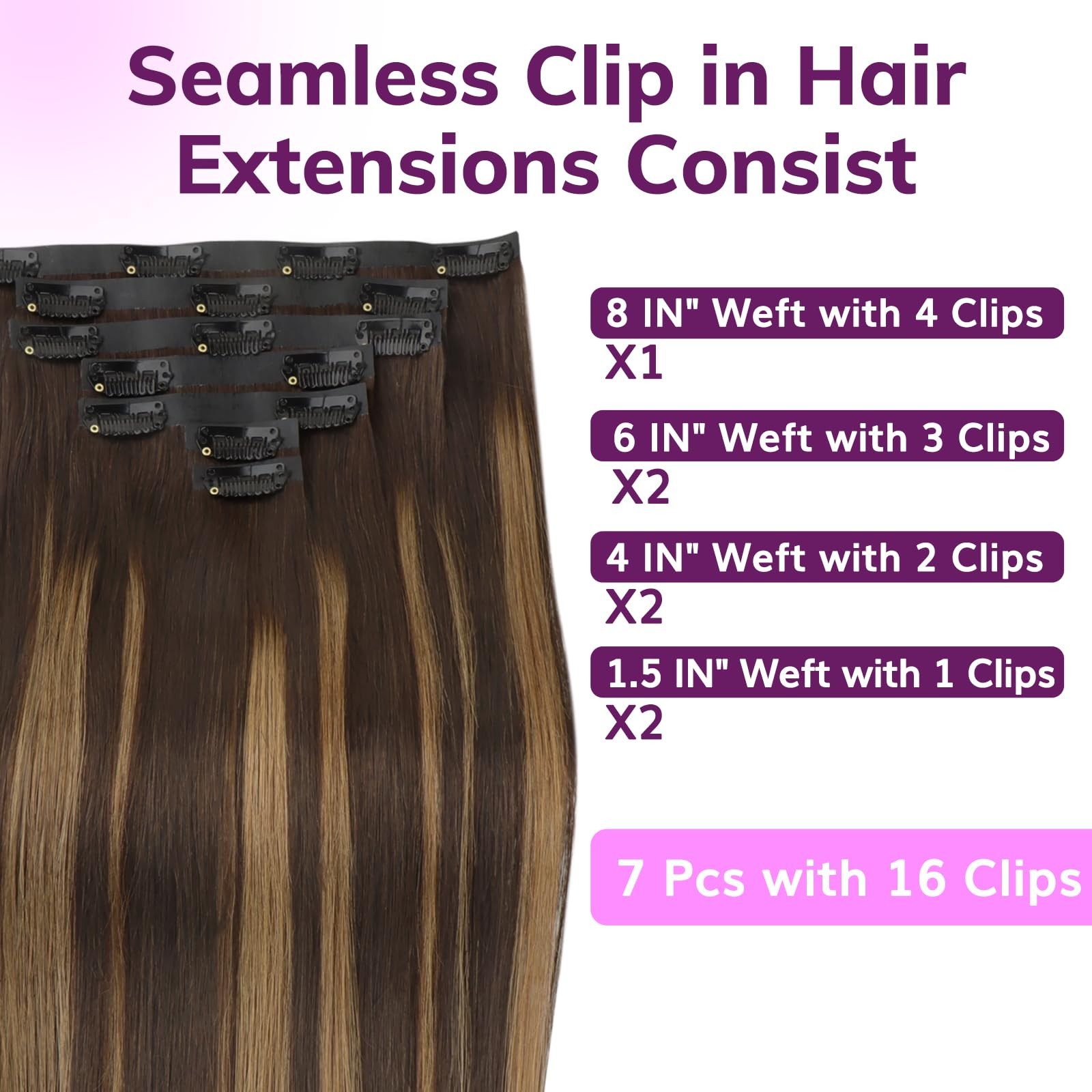 Seamless Clip In Hair Extensions Human Hair 4/27/4 Balayage Chocolate Brown t…