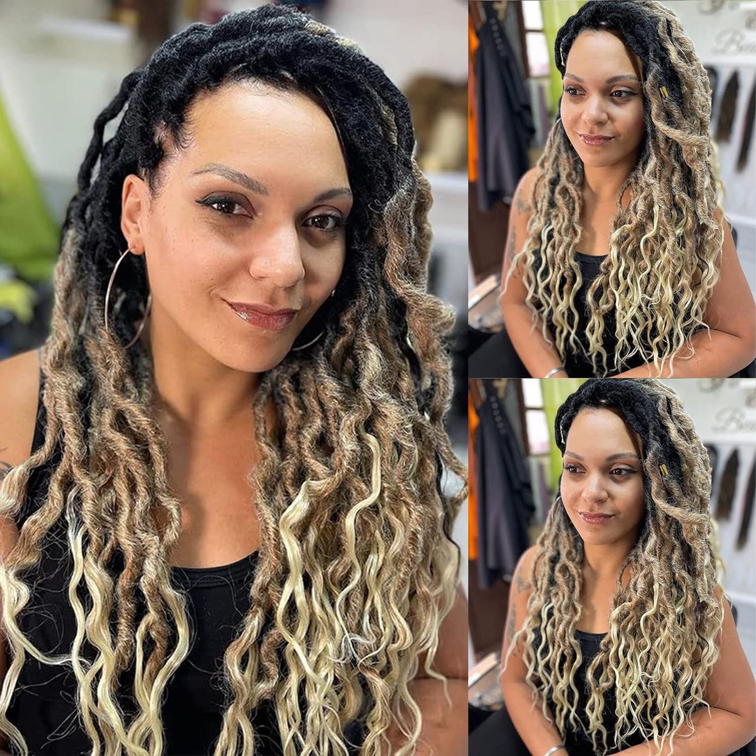 Black Blonde Curly Faux Locs Wig Lace Front Goddess Braids Baby Hair