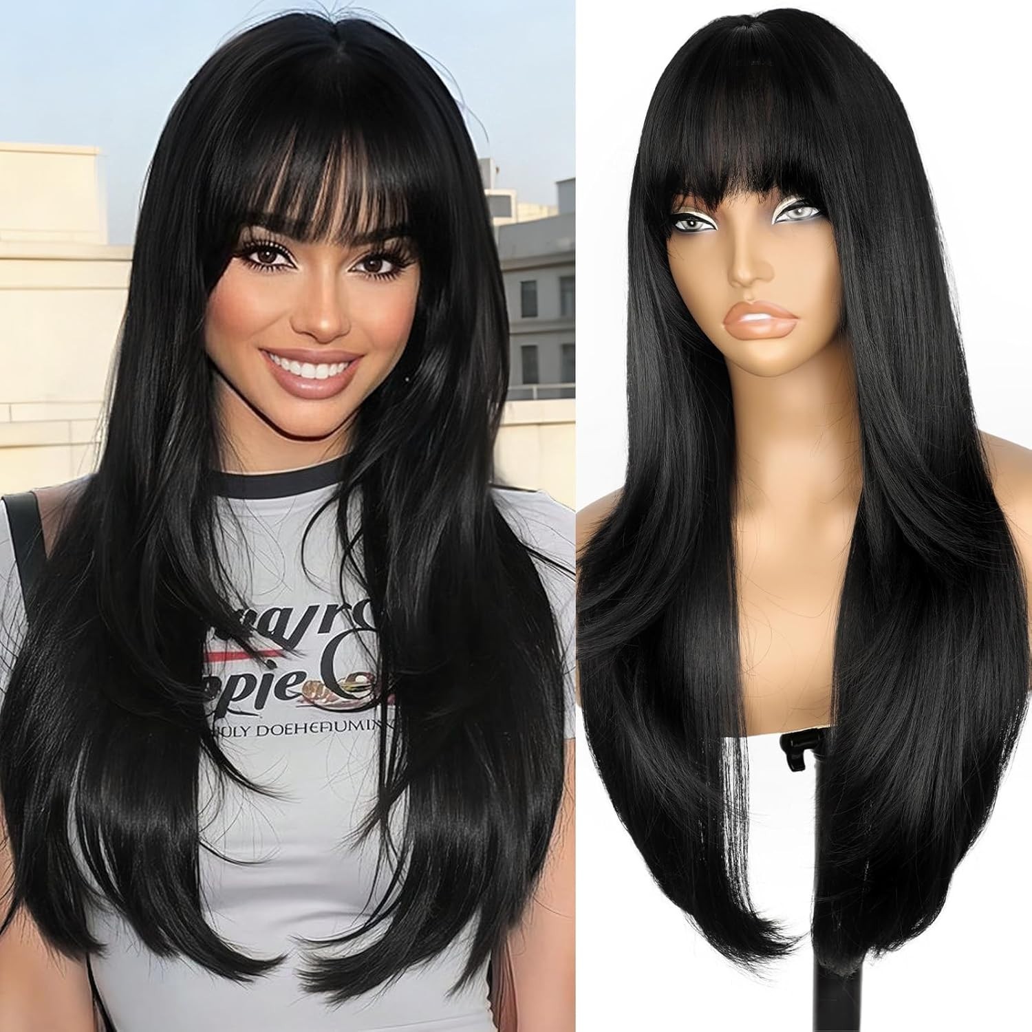 Brazilian Long Black Wig Straigh Human Hair Wigs with Bangs For Woman