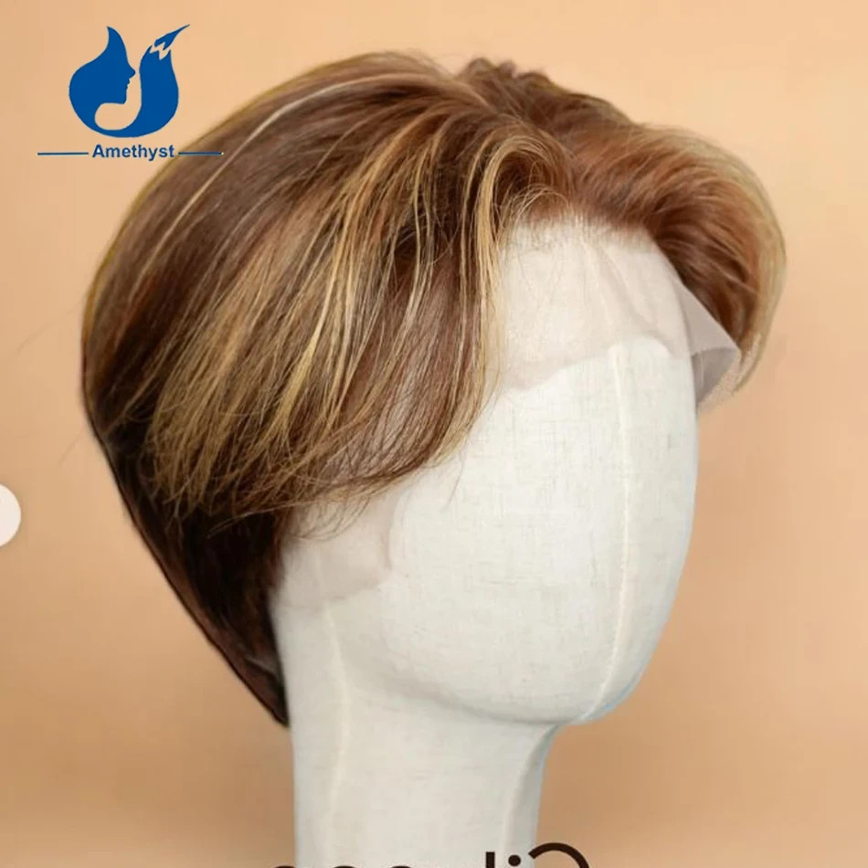 13×6 Short Pixie Cut Lace Front Wig for Men Brazilian Remy Human Hair Highlight