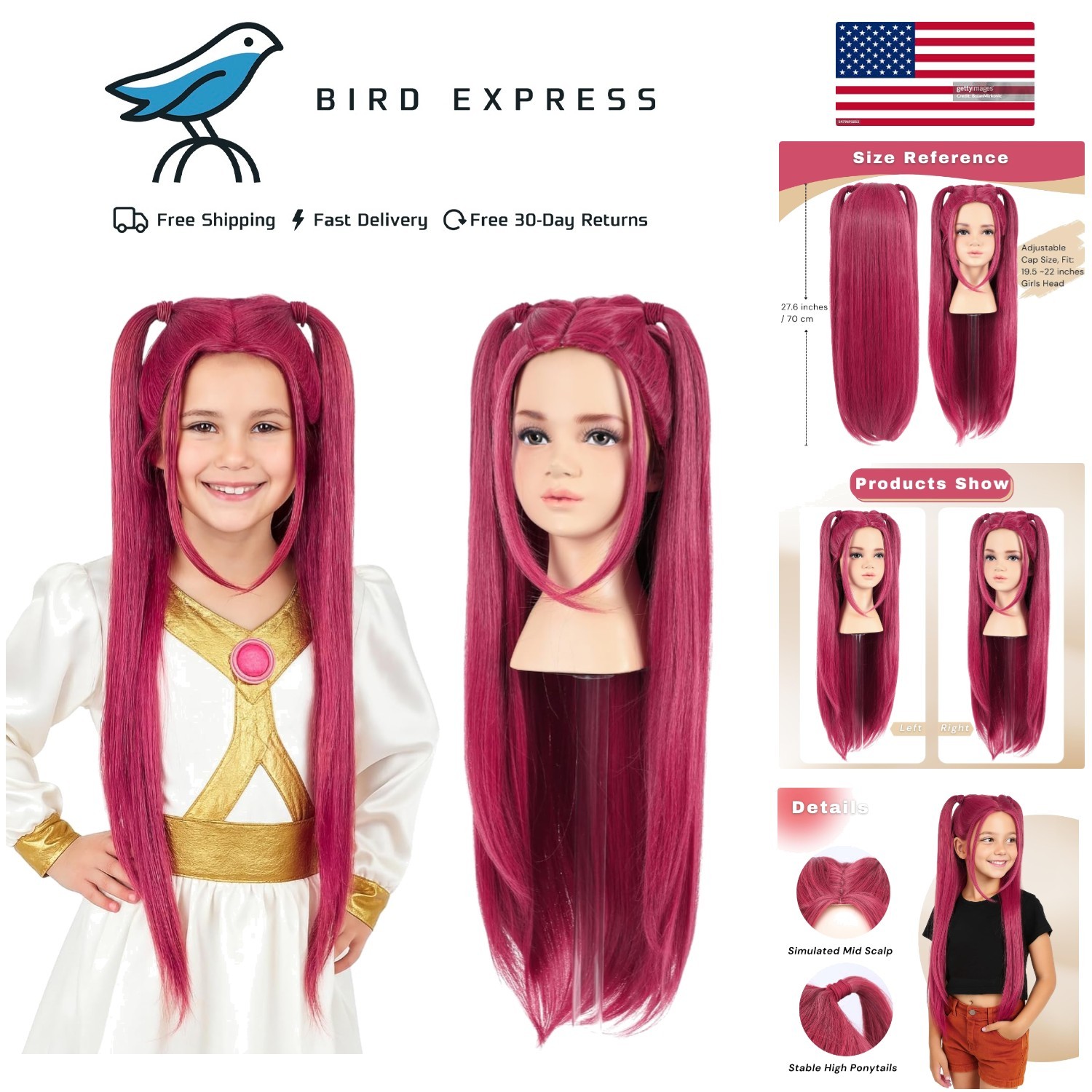 KPop Demon Hunter Mira Wig Kid Size Pink Long with 2 Ponytails Halloween Costume