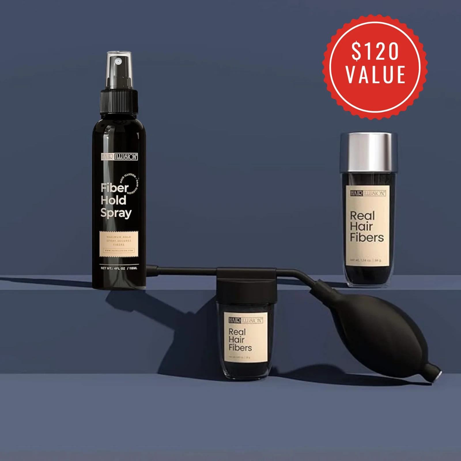 Hair Illusion 38g Brown Real Hair Fiber + Hold Spray + Applicator Kit Authentic