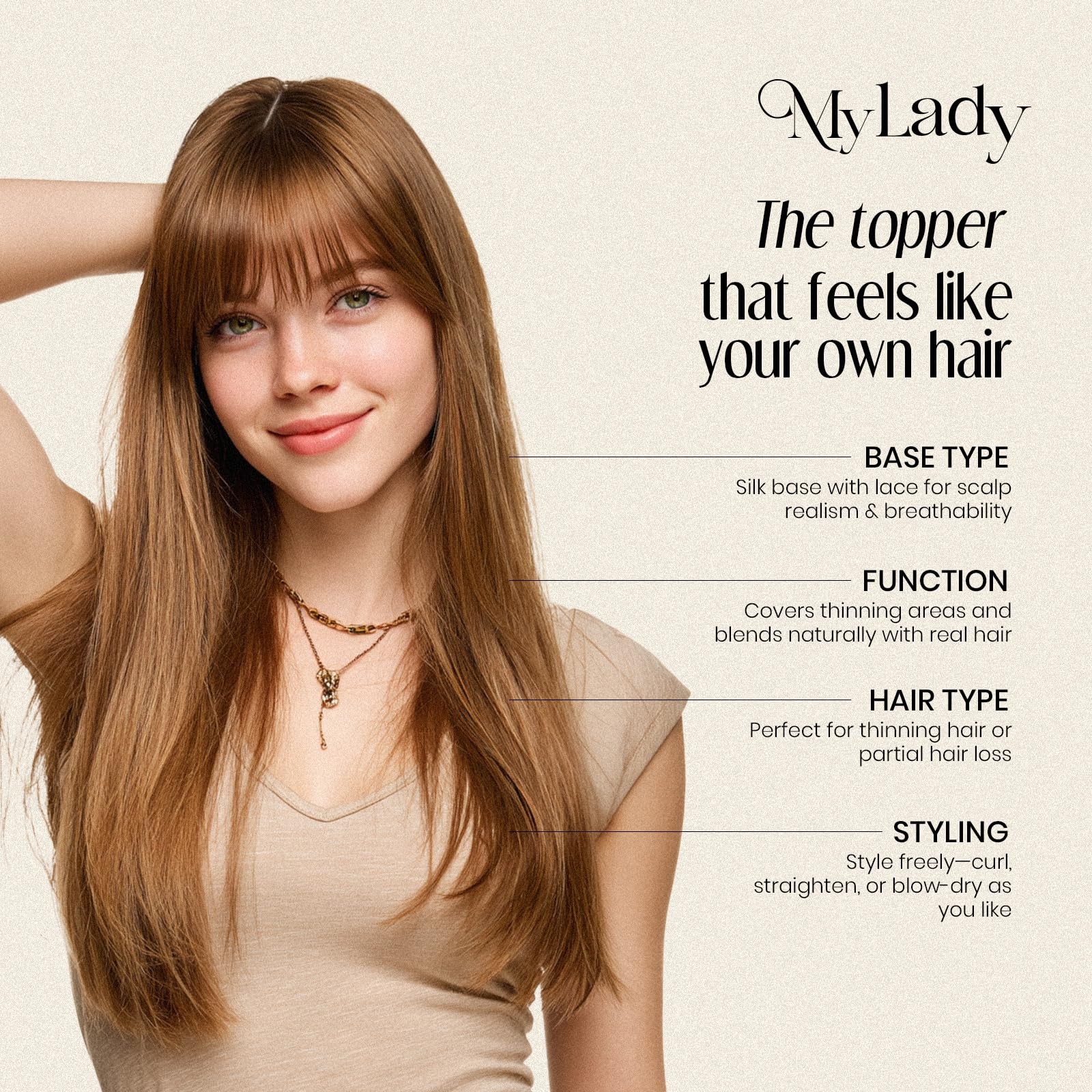 My-Lady Human Hair Toppers For Women Real Human Hair Bangs Thin 7 Silk Base