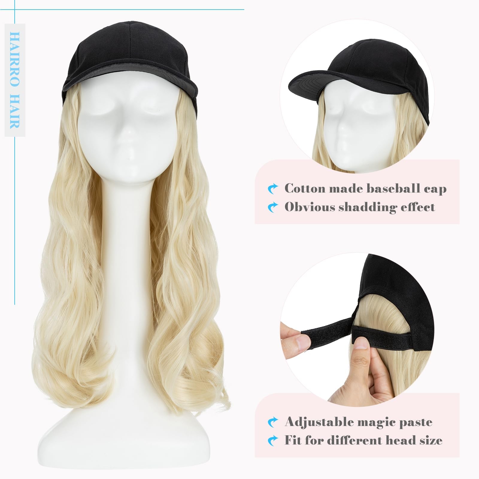 Hairro Baseball Hat Hair Attached For Women Synthetic Adjustable Cap Wig 290G