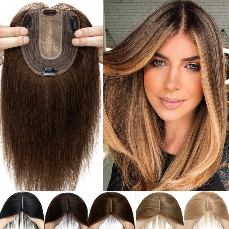 16 Clip in Hairpiece 100% Real Remy Human Hair Topper Toupee/Top Silk MONO Women