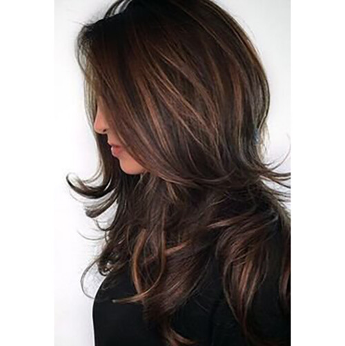 Dark Brown w/Gold Highlight Ombre Shoulder Length Wig Women Synthetic Curly Hair