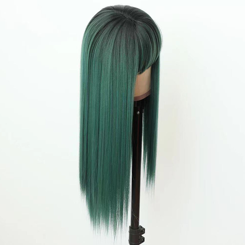 Ombre Green Wigs Full Neat Bangs Long Straight Women Synthetic Fiber Hair Party