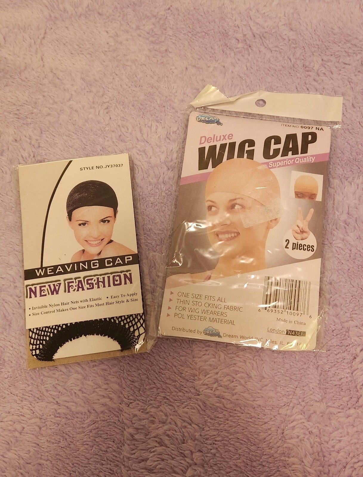 Pair of Synthetic Wigs (1 black/1 black & red), 3 Caps, & Wig Stand – Never Worn