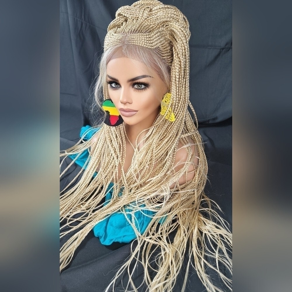 Braided Wig Full Lace 32″ Blonde Ombre Micro Braids Glueless Handmade NWT Long