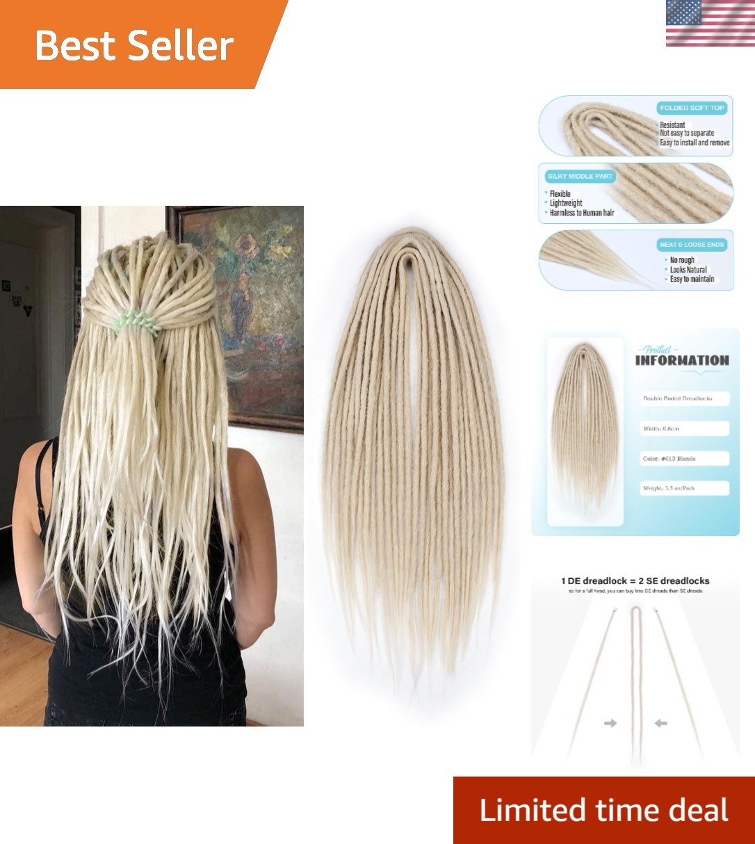 High-Quality 15 Pack of 24” Thin Brownish Blonde Double Ended Dreads Extensions