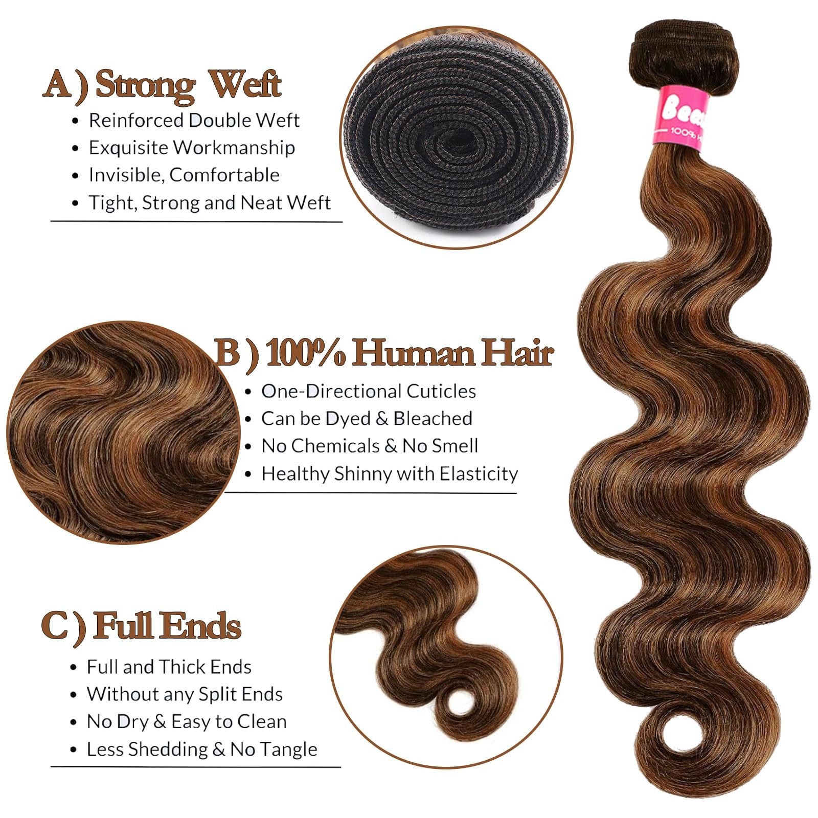 30″ Black Brown Ombre Human Hair Bundles with 4×4 Lace Closure – Body Wave Exten