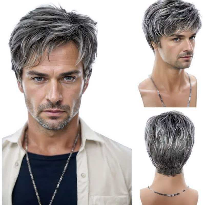 Men’s 6in Short Silver Gray Wig for Men Full Synthetic Heat Resistant Daily Wear