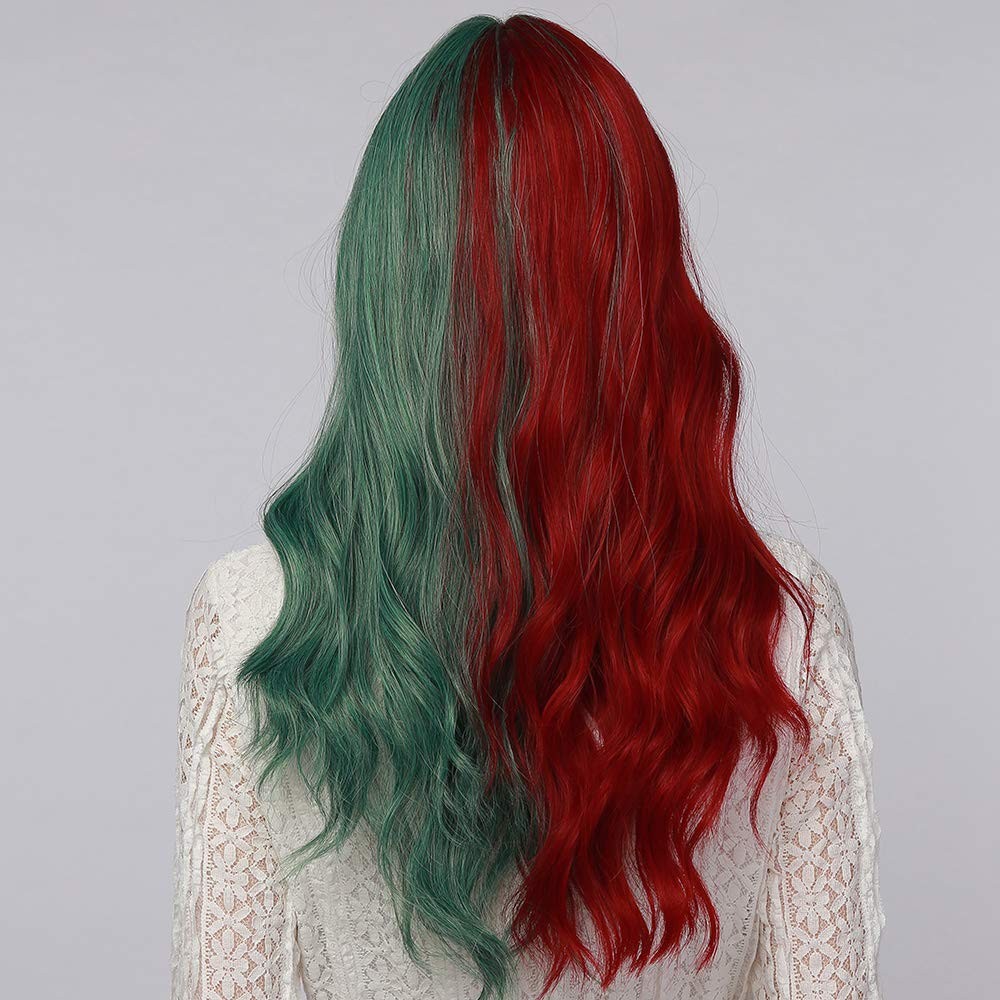 OUFEI Long Wavy Half Red Green Wigs 22.5 Inch, Green(6080)