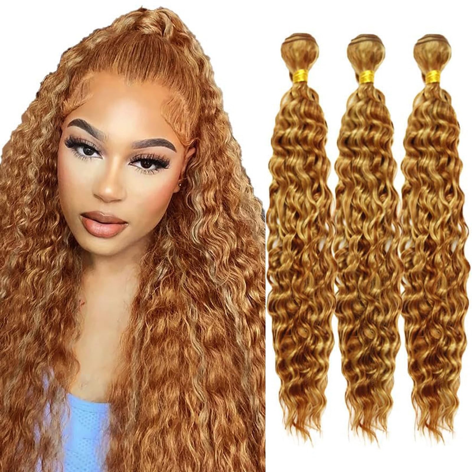 Fabimiya Human Hair Bundles 22 24 26 Inch Light Brown P27/30 Deep Wave Bundles