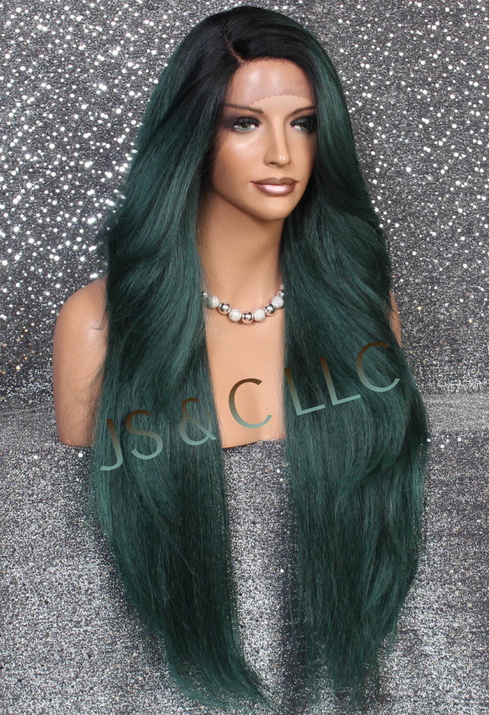 Extra LongHuman Hair blend Heat OK Lace Front Wig WBPC Dark Green