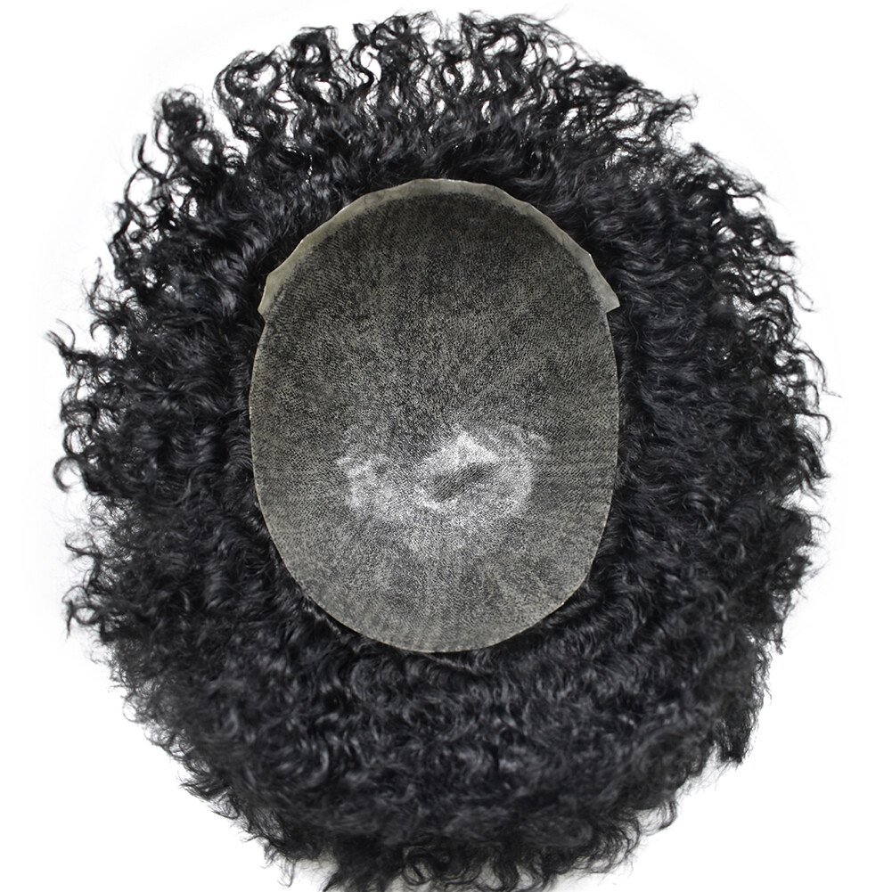 Afro Curl Mens Toupee Full Poly Skin Pu African American Human Hair Replacements