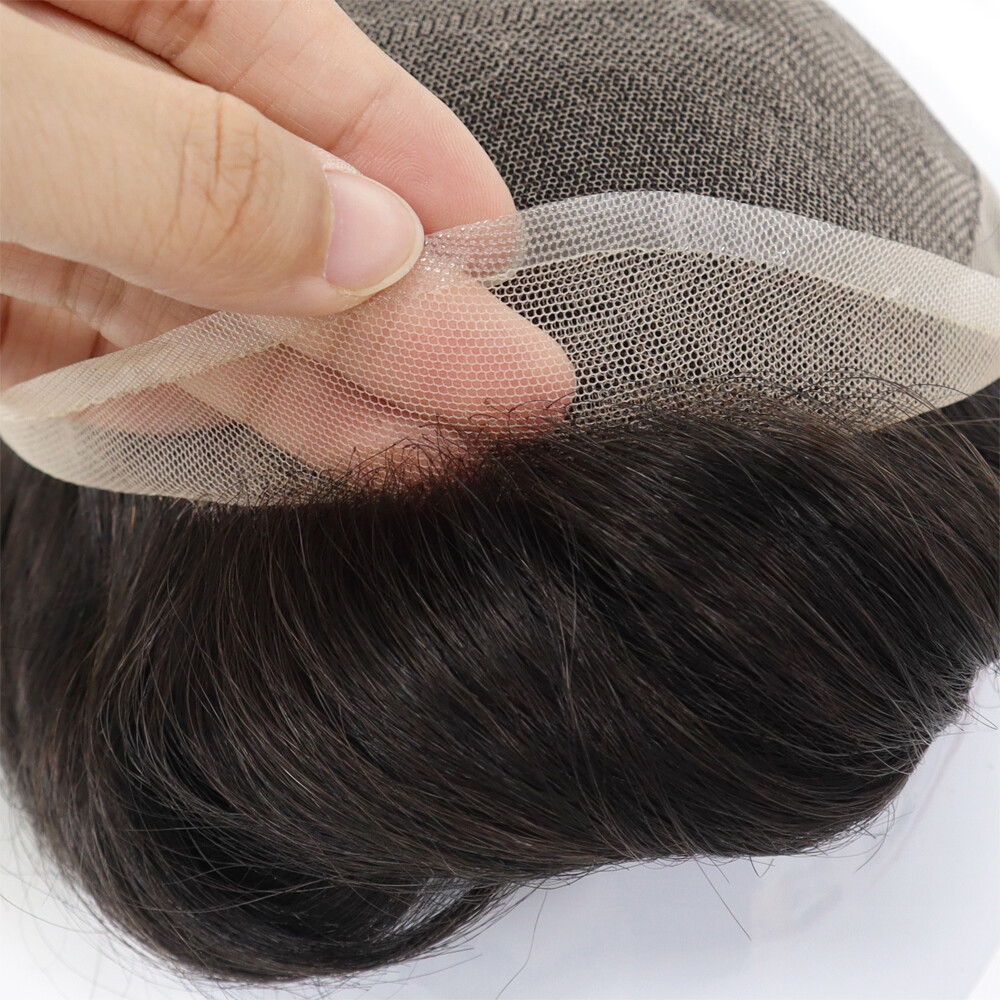 Mens Human Hair Replacement System French Lace Toupee Hairpiece Wavy Hair #1B