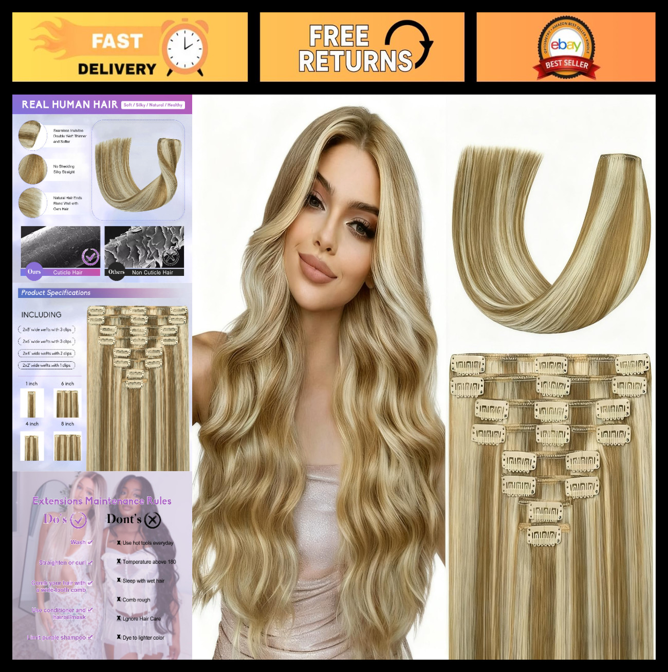 26″ Clip-In Real Human Hair Extensions – 130g Remy Hair, 8pcs Set, Light Blonde