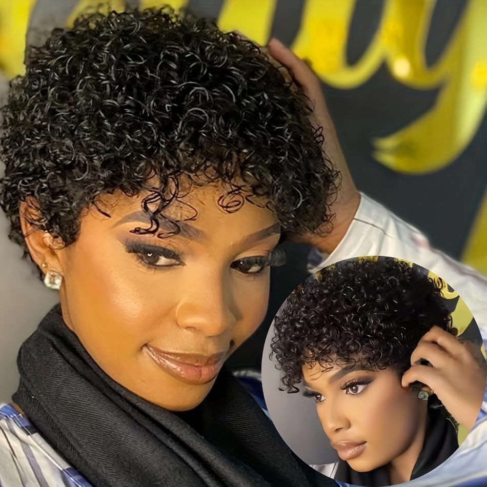Black Finger Wave Human Hair Wig 4Inch Short Pixie Cut Wigs Brazilian Virgin Hum
