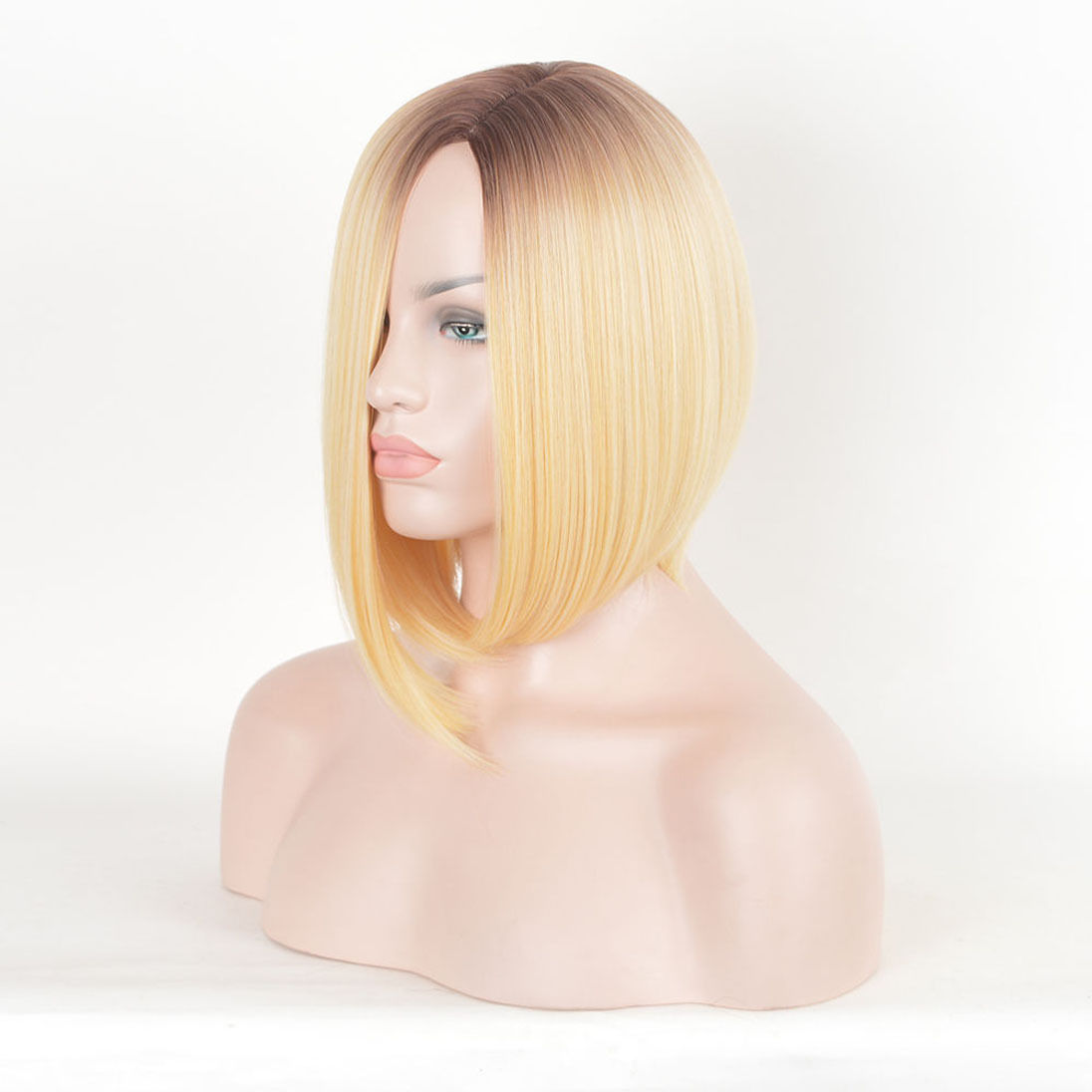 Blonde Straight Bob Style Hair Dark Root Ombre Synthetic Wigs Women Short Wig