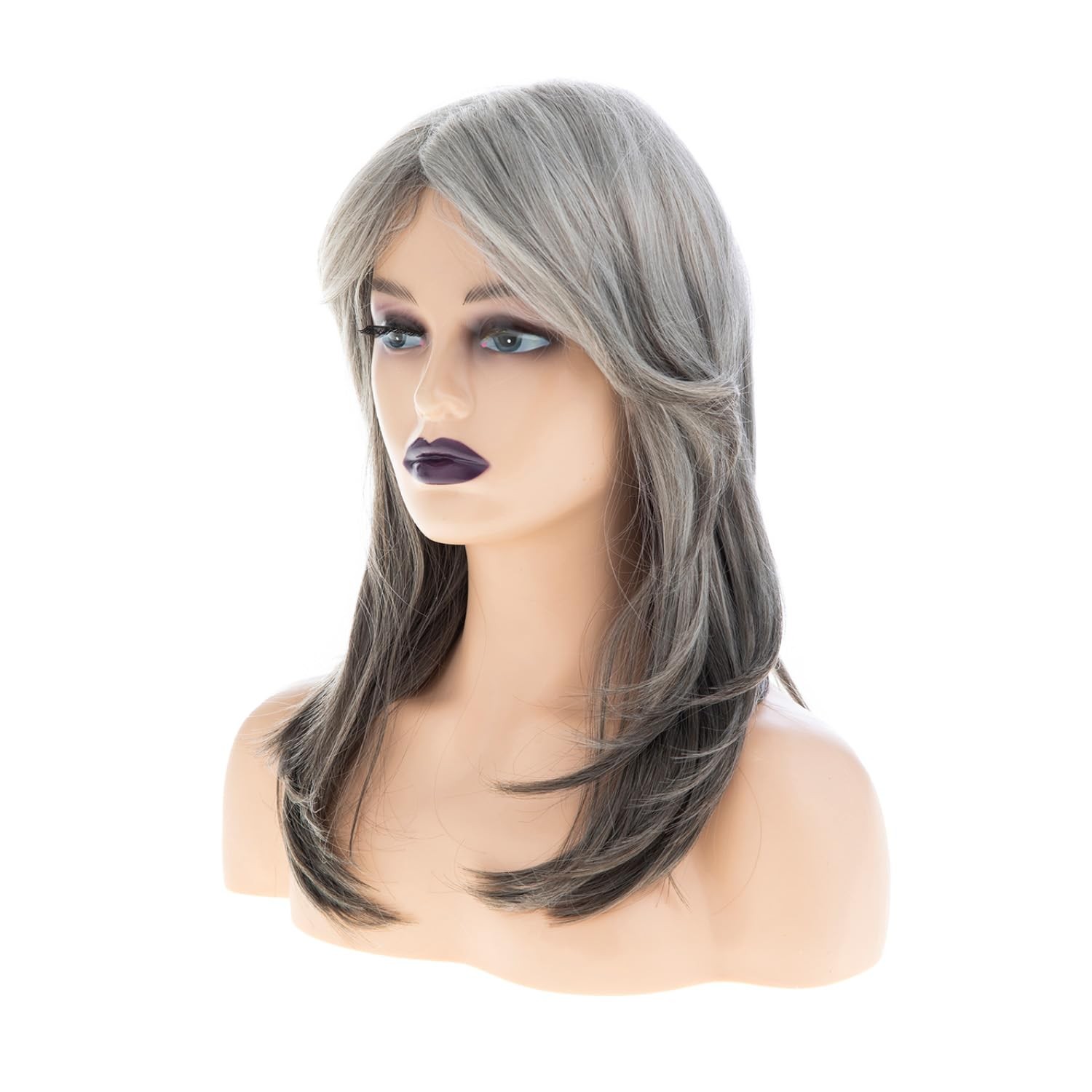 Womens Long Straight Grey Layered Synthetic Hair Wigs with Bangs
